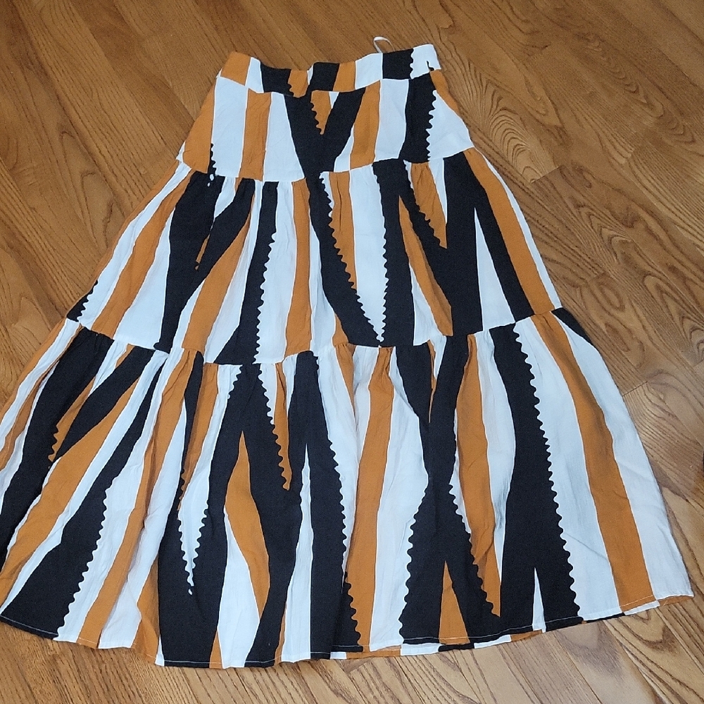 Traffic People Black White and Mustard Vertical Stripe Tiered Maxi Skirt